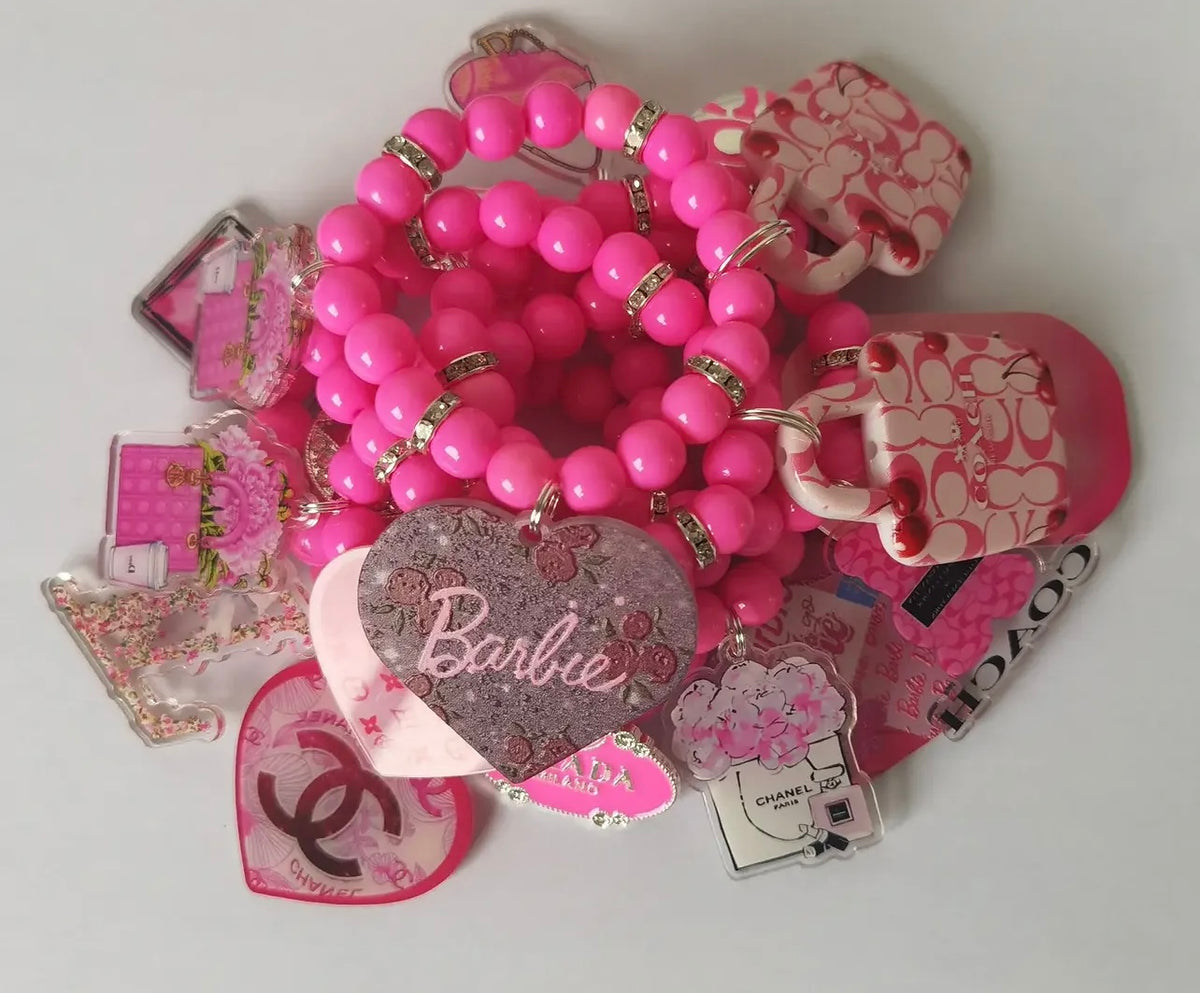 Designer Inspired Three Piece Hot Pink Mix Charm Bracelet Set