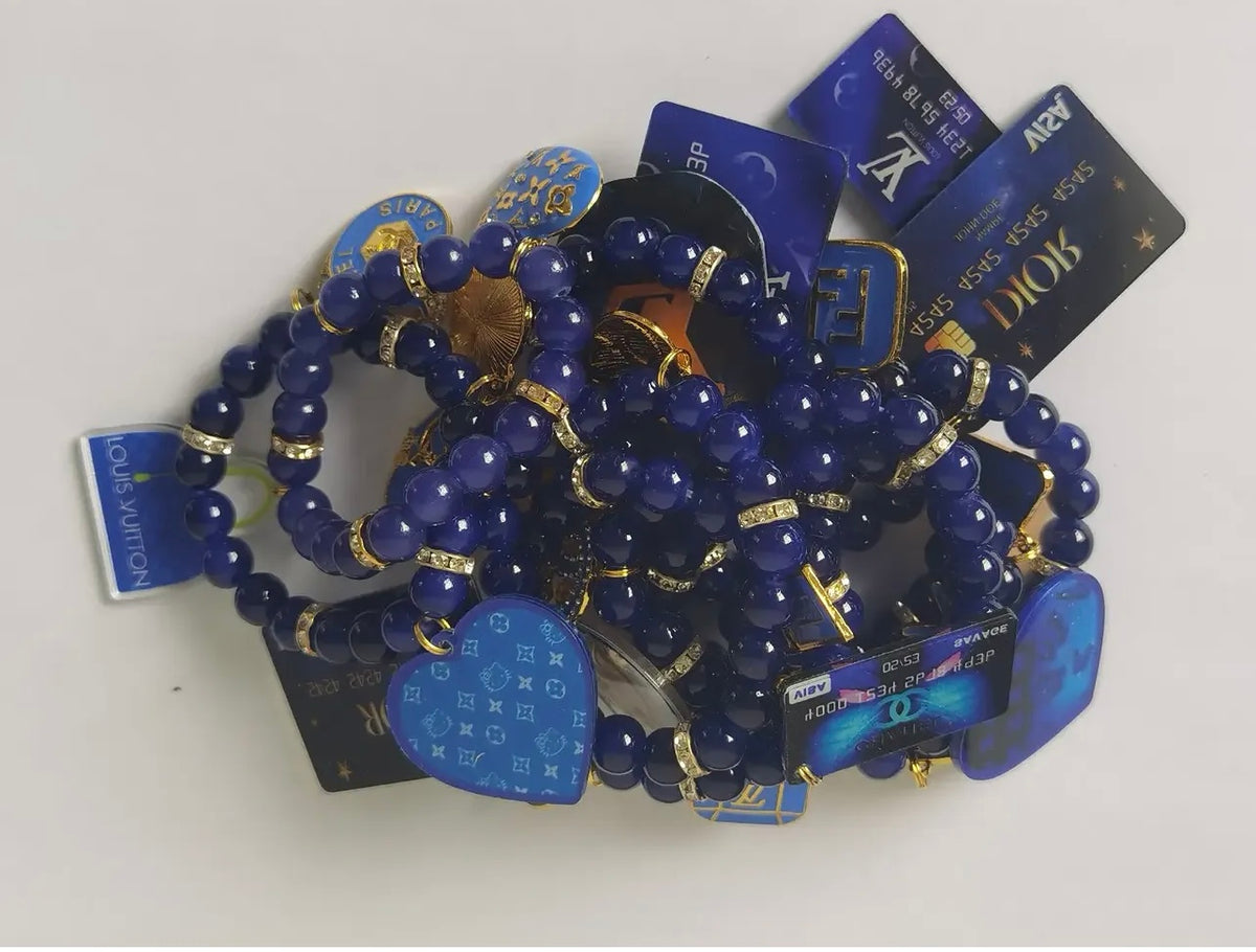Designer Inspired Blue Gold Mix Charm Bracelet Set