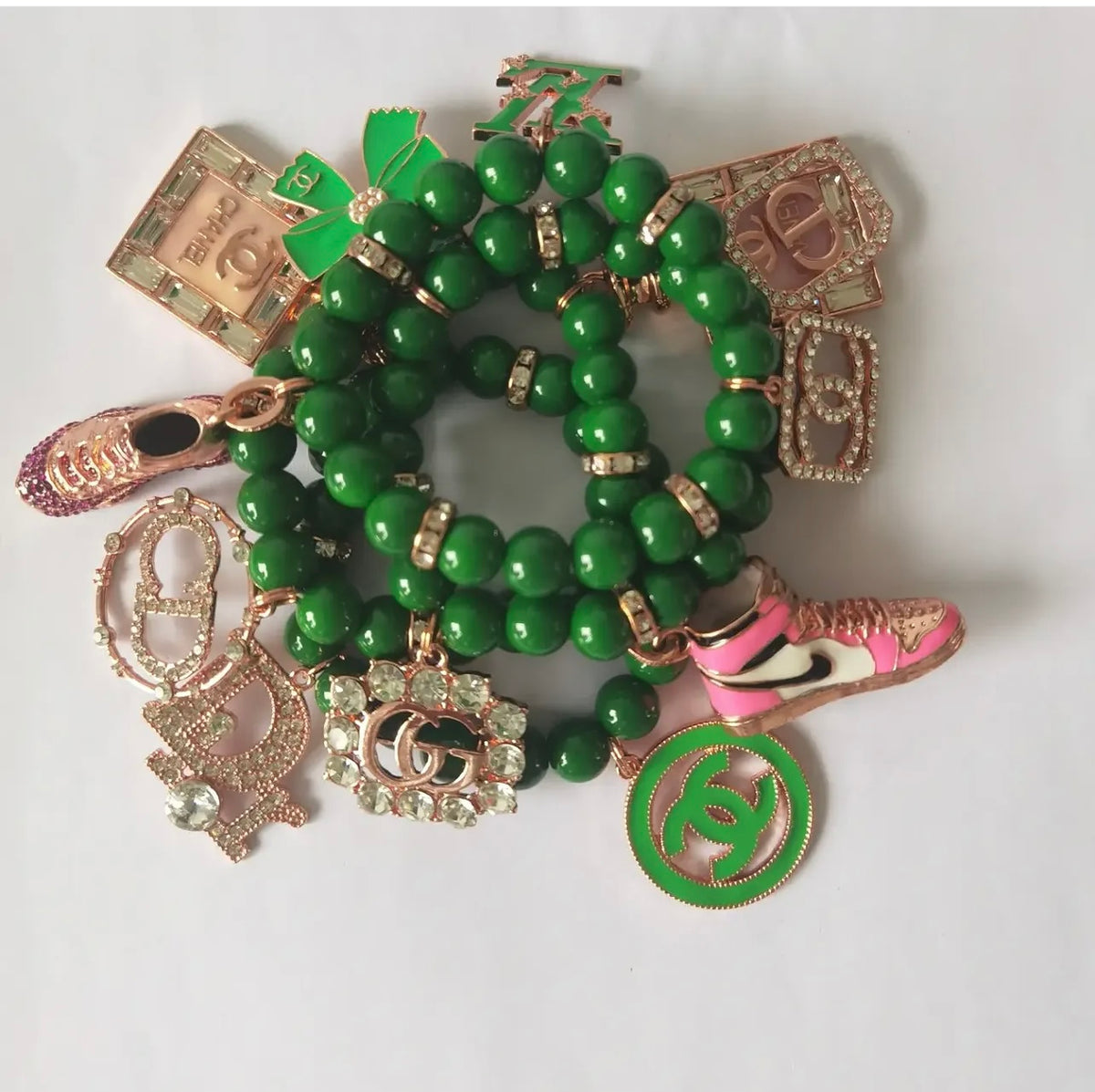 Designer Inspired Three Piece Green with Pink Mix Charm Bracelet Set