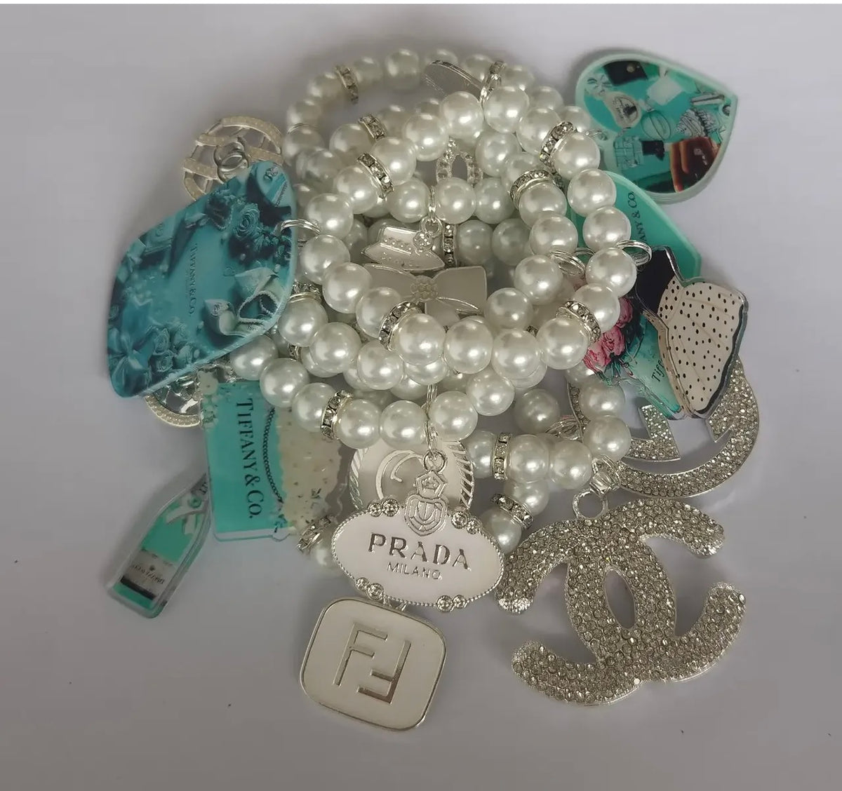 Designer Inspired Three Piece Mix Charm Pearl with Silver Bracelet Set