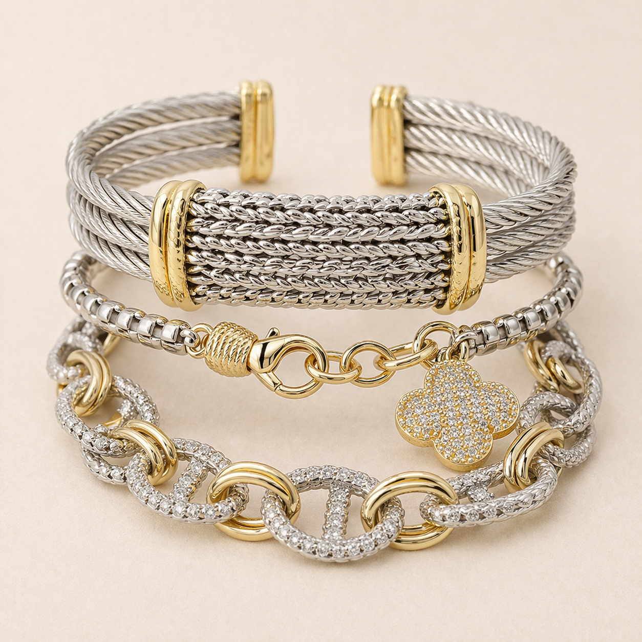 Three Piece Clover, Chain DY Inspired Bracelet Set