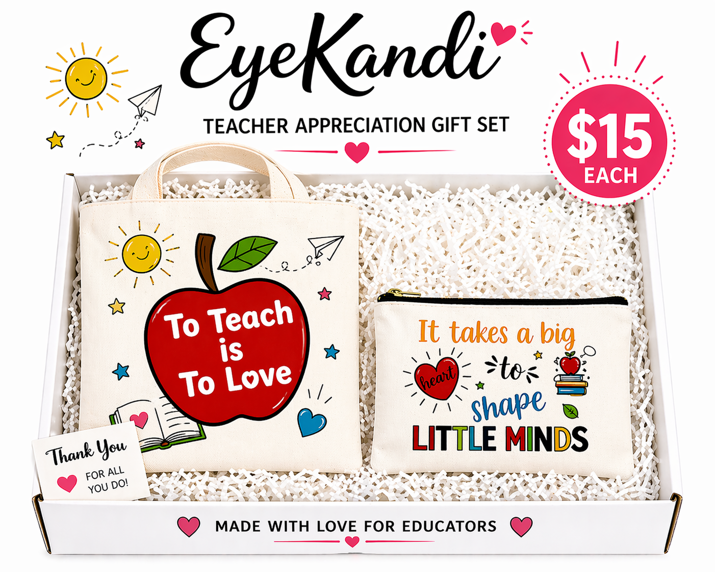 White Canvas Teacher Bag and Pouch Gift Set