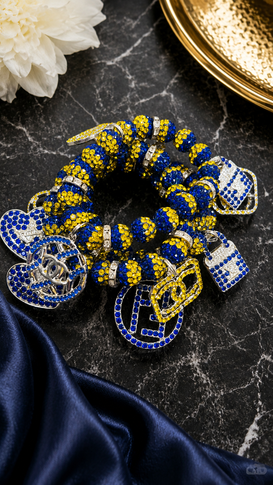 Blue and Yellow Bling Designer  Four Piece Bracelet Set