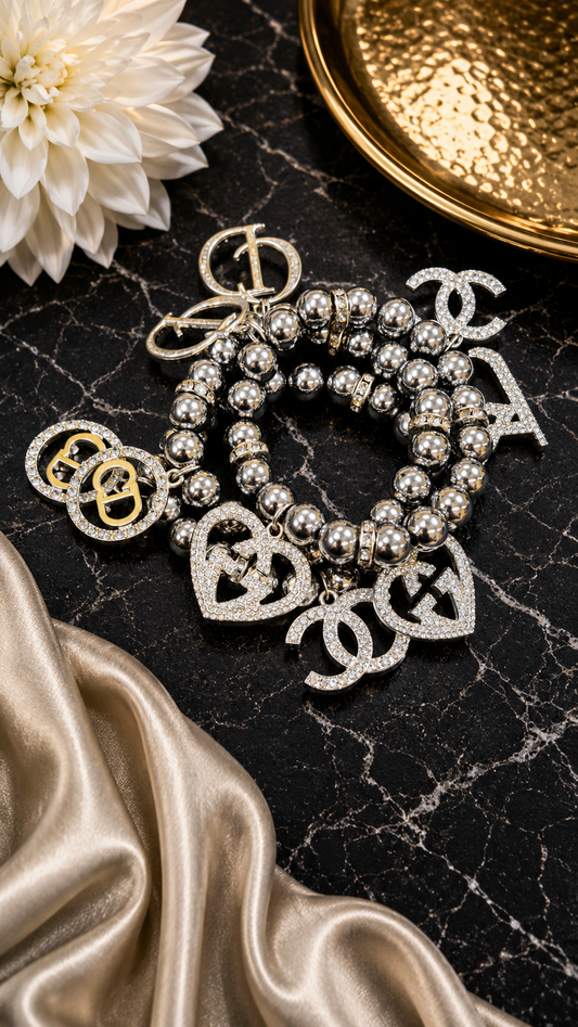 Silver Metal Bling Designer Charm Three Piece Bracelet Set
