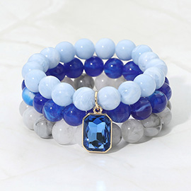 Multi Color Three Piece Beaded Crystal Charm Bracelet Set