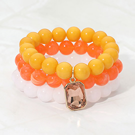 Multi Color Three Piece Beaded Crystal Charm Bracelet Set