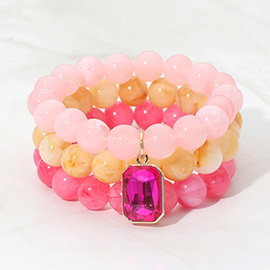 Multi Color Three Piece Beaded Crystal Charm Bracelet Set