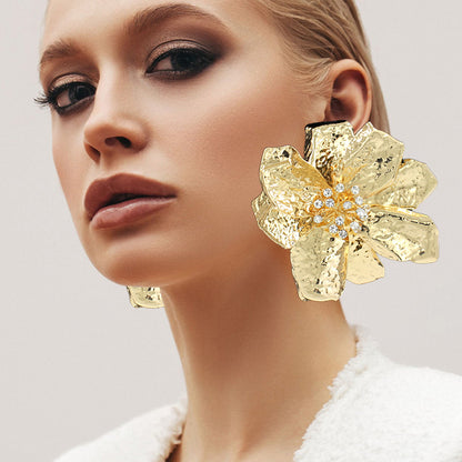 Large Hammered Crystal Trimmed Flower Statement Earrings