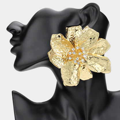 Large Hammered Crystal Trimmed Flower Statement Earrings