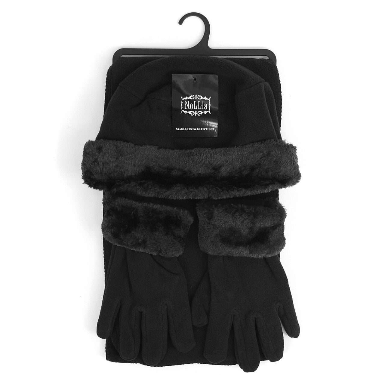 Three Piece Fleece Solid Scarf, Hat and Glove Set With Fur Trim