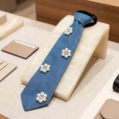 Blue Jean Tie with Bow shape Pearl Accent